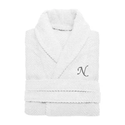 Linum Home Textiles Personalized Herringbone Weave Bathrobe Unisex Adult Long Sleeve Long Length Robe In White