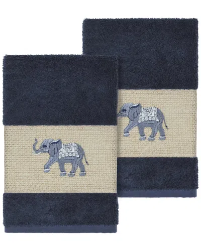 Linum Home Textiles Quinn Turkish Cotton 2pc Embellished Hand Towel Set In Blue
