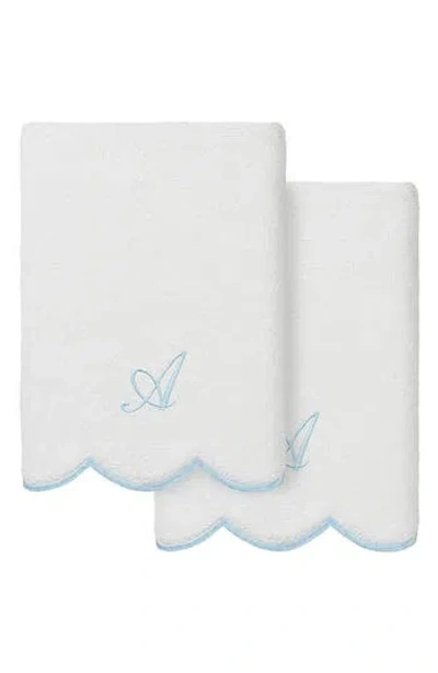 Linum Home Textiles Scallop Personalized Monogram 2-piece Hand Towel Set In Blue