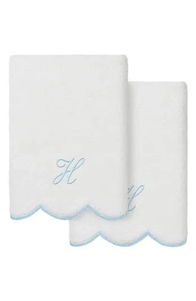 Linum Home Textiles Scallop Personalized Monogram 2-piece Hand Towel Set In Blue