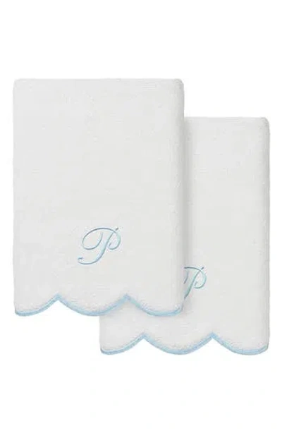 Linum Home Textiles Scallop Personalized Monogram 2-piece Hand Towel Set In Blue