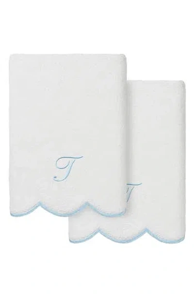 Linum Home Textiles Scallop Personalized Monogram 2-piece Hand Towel Set In Blue