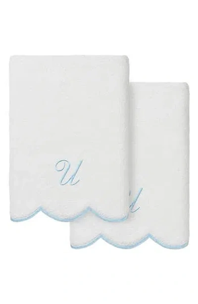 Linum Home Textiles Scallop Personalized Monogram 2-piece Hand Towel Set In Blue