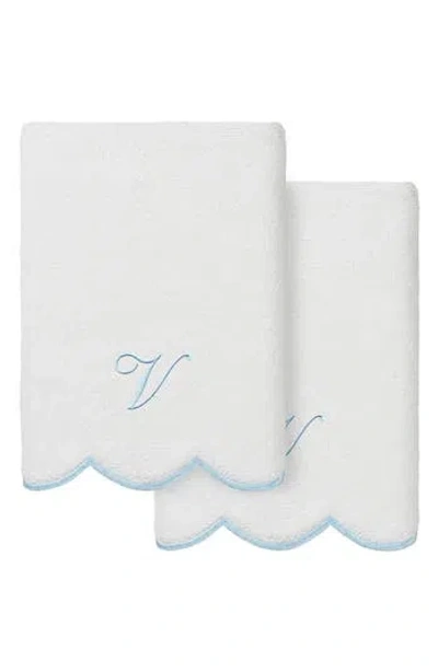 Linum Home Textiles Scallop Personalized Monogram 2-piece Hand Towel Set In Blue