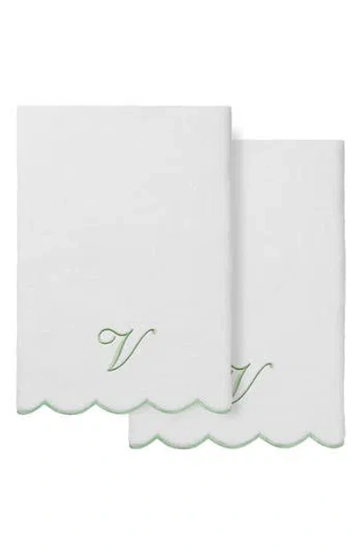Linum Home Textiles Scallop Personalized Monogram 2-piece Towel Set In White/ Green V