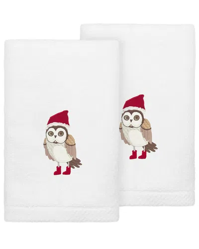Linum Home Textiles Set Of 2 Christmas Baby Owl Embroidered Luxury 100%  Turkish Cotton Hand Towels In White