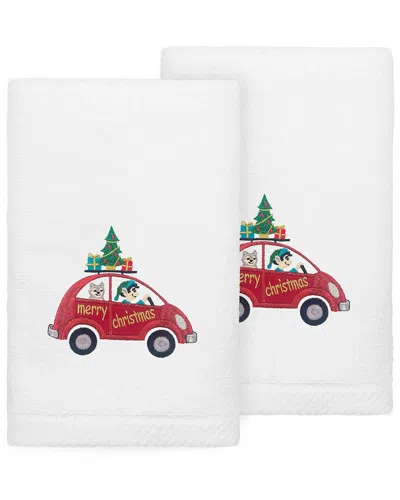 Linum Home Textiles Set Of 2 Christmas Car Embroidered Luxury 100% Turkish  Cotton Hand Towels In Multi