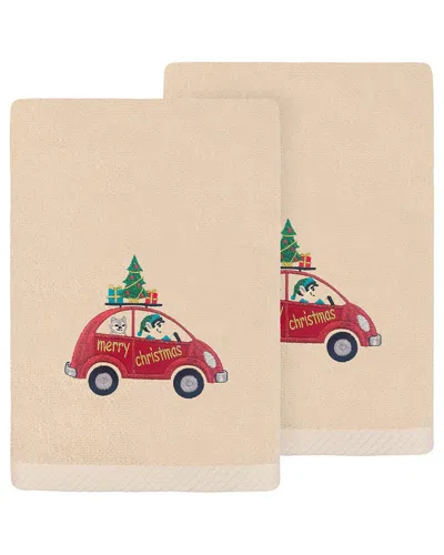 Linum Home Textiles Set Of 2 Christmas Car Embroidered Luxury 100% Turkish  Cotton Hand Towels In Pink