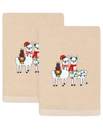 Linum Home Textiles Set Of 2 Christmas Llamas Embroidered Luxury Turkish Cotton Hand Towels In Brown