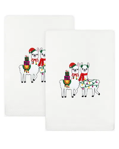Linum Home Textiles Set Of 2 Christmas Llamas Embroidered Luxury Turkish Cotton Hand Towels In White