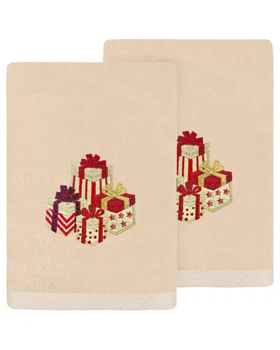 Linum Home Textiles Set Of 2 Christmas Packages Embroidered Luxury 100%  Turkish Cotton Hand Towels In Neutral