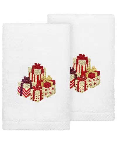 Linum Home Textiles Set Of 2 Christmas Packages Embroidered Luxury 100%  Turkish Cotton Hand Towels In White