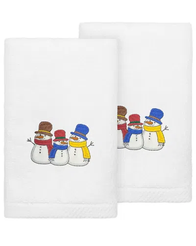Linum Home Textiles Set Of 2 Christmas Snow People Embroidered Luxury 100%  Turkish Cotton Hand Towe In White