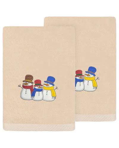 Linum Home Textiles Set Of 2 Christmas Snow People Embroidered Luxury 100%  Turkish Cotton Hand Towe In Neutral