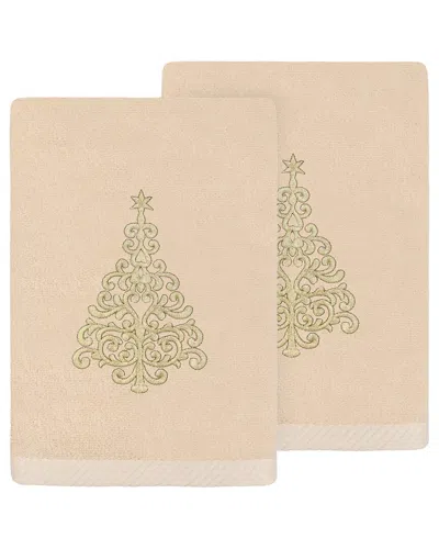 Linum Home Textiles Set Of 2 Christmas Tree Embroidered Luxury 100% Turkish  Cotton Hand Towels In Neutral