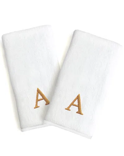 Linum Home Textiles Set Of 2 Monogrammed Luxury Turkish Cotton Novelty Hand Towels Bookman Gold Font In White