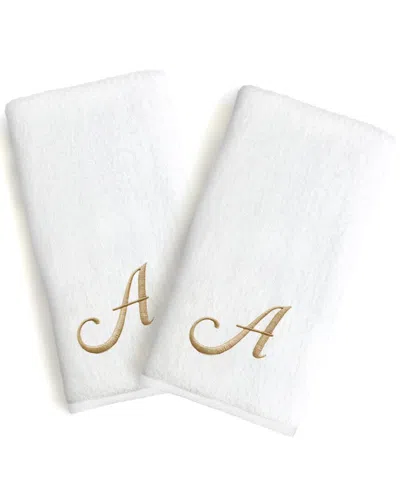 Linum Home Textiles Set Of 2 Monogrammed Luxury Turkish Cotton Novelty Hand Towels Linum Gold Font In White
