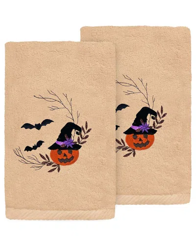 Linum Home Textiles Set Of 2 Pumpkin Head Embroidered Luxury Turkish Cotton  Hand Towels In Brown