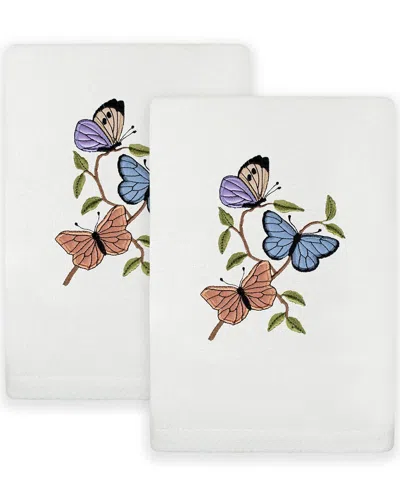 Linum Home Textiles Set Of 2 Spring Butterflies Embroidered Luxury Hand Towels In White