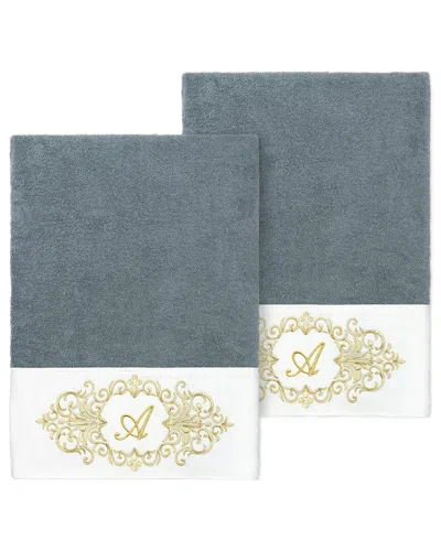 Linum Home Textiles Set Of Two 100% Turkish Cotton Monogram Embellished Bath  Towels In Blue