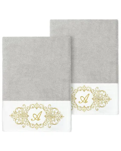 Linum Home Textiles Set Of Two 100% Turkish Cotton Monogram Embellished Bath  Towels In Gray