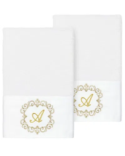 LINUM HOME TEXTILES LINUM HOME TEXTILES SET OF TWO 100% TURKISH COTTON MONOGRAM EMBELLISHED HAND  TOWELS