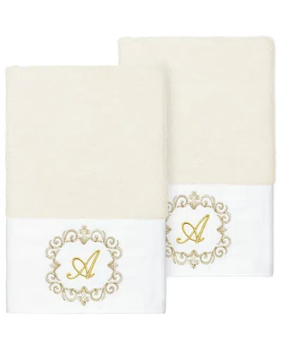 Linum Home Textiles Set Of Two 100% Turkish Cotton Monogram Embellished Hand  Towels In Neutral