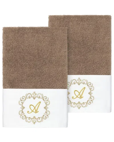 Linum Home Textiles Set Of Two 100% Turkish Cotton Monogram Embellished Hand  Towels In Brown