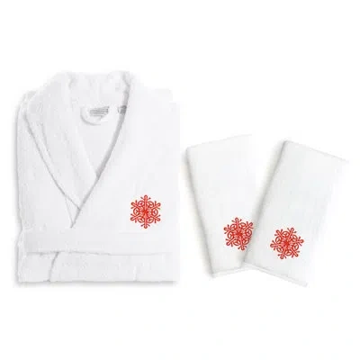 Linum Home Textiles Snow Flake 3 Piece Embroidered Luxury 100% Cotton Terry Cloth Bathrobe Set In Red