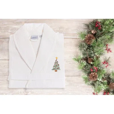 Linum Home Textiles Tree Weave Embroidered 100% Turkish Cotton Waffle Bathrobe In White
