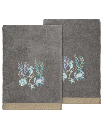 Linum Home Textiles Turkish Cotton Aaron 2pc Embellished Bath Towel Set In Charcoal