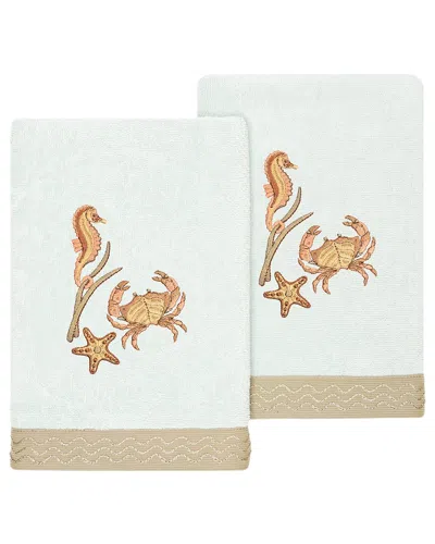 Linum Home Textiles Turkish Cotton Aaron 2pc Embellished Hand Towel Set In Aqua