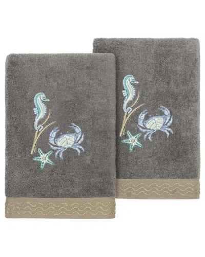 Linum Home Textiles Turkish Cotton Aaron 2pc Embellished Hand Towel Set In Charcoal