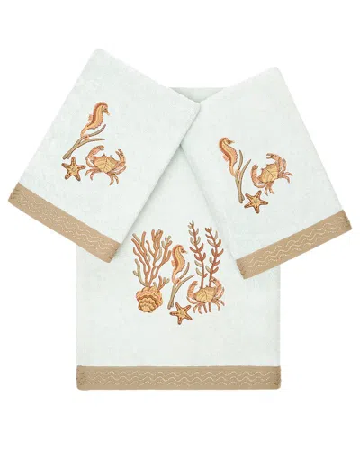 Linum Home Textiles Turkish Cotton Aaron 3pc Embellished Bath & Hand Towel Set In Aqua