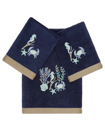 Linum Home Textiles Turkish Cotton Aaron 3pc Embellished Bath & Hand Towel Set In Blue
