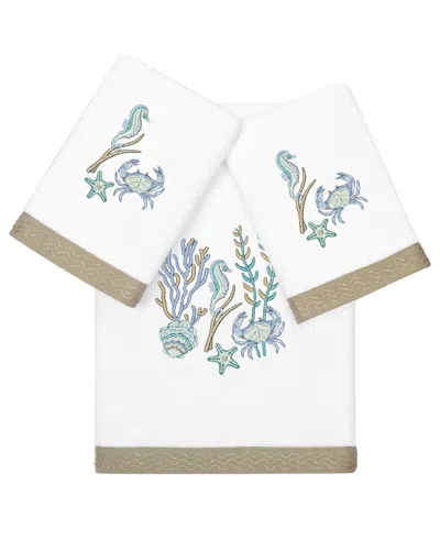 Linum Home Textiles Turkish Cotton Aaron 3pc Embellished Bath & Hand Towel Set In White