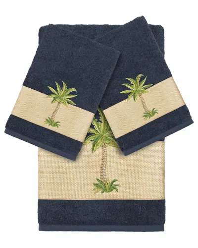 Linum Home Textiles Turkish Cotton Colton 3pc Embellished Bath & Hand Towel Set In Blue