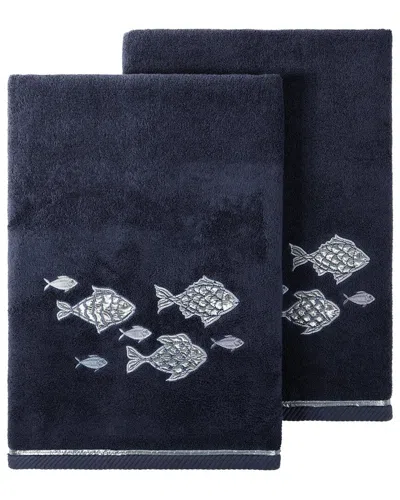 Linum Home Textiles Turkish Cotton Figi 2pc Embellished Bath Towel Set In Blue