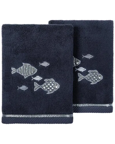 Linum Home Textiles Turkish Cotton Figi 2pc Embellished Hand Towel Set In Blue