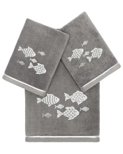 Linum Home Textiles Turkish Cotton Figi 3pc Embellished Bath & Hand Towel Set In Charcoal