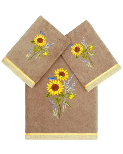 Linum Home Textiles Turkish Cotton Girasol 3pc Embellished Bath & Hand Towel Set In Brown