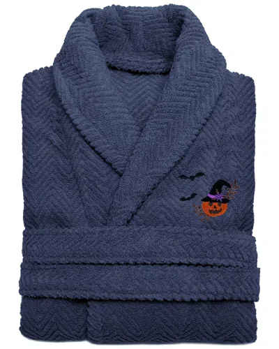 Linum Home Textiles Turkish Cotton Herringbone Weave Embroidered Unisex  Bathrobe - Pumpkin Head In Blue