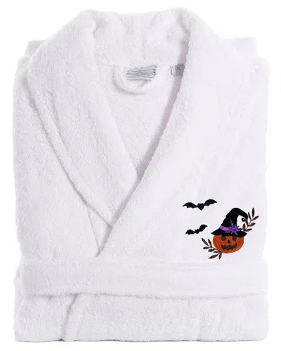 Linum Home Textiles Turkish Cotton Herringbone Weave Embroidered Unisex Bathrobe In White
