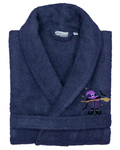 Linum Home Textiles Turkish Cotton Herringbone Weave Embroidered Unisex Bathrobe In Blue