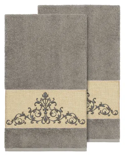 Linum Home Textiles Turkish Cotton Scarlet 2pc Embellished Bath Towel Set In Grey