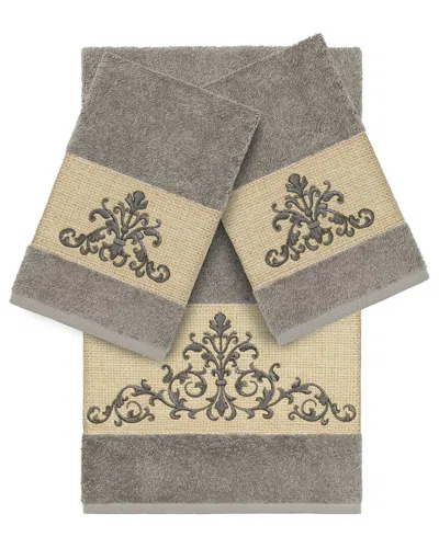 Linum Home Textiles Turkish Cotton Scarlet 3pc Embellished Bath & Hand Towel Set In Grey