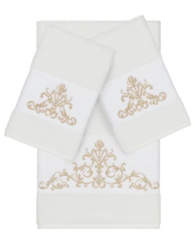 Linum Home Textiles Turkish Cotton Scarlet 3pc Embellished Bath & Hand Towel Set In White