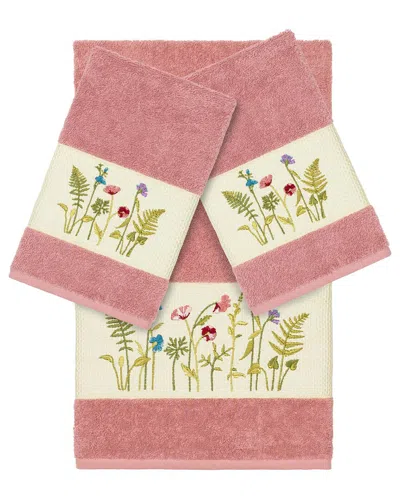 Linum Home Textiles Turkish Cotton Serenity 3pc Embellished Bath & Hand Towel Set In Rose