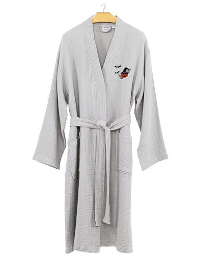 Linum Home Textiles Turkish Cotton Smyrna Hotel/spa Embroidered Unisex Halloween Robe - Pumpkin Head In Gray