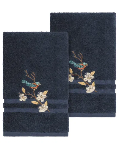 Linum Home Textiles Turkish Cotton Spring Time 2pc Embellished Hand Towel Set In Blue